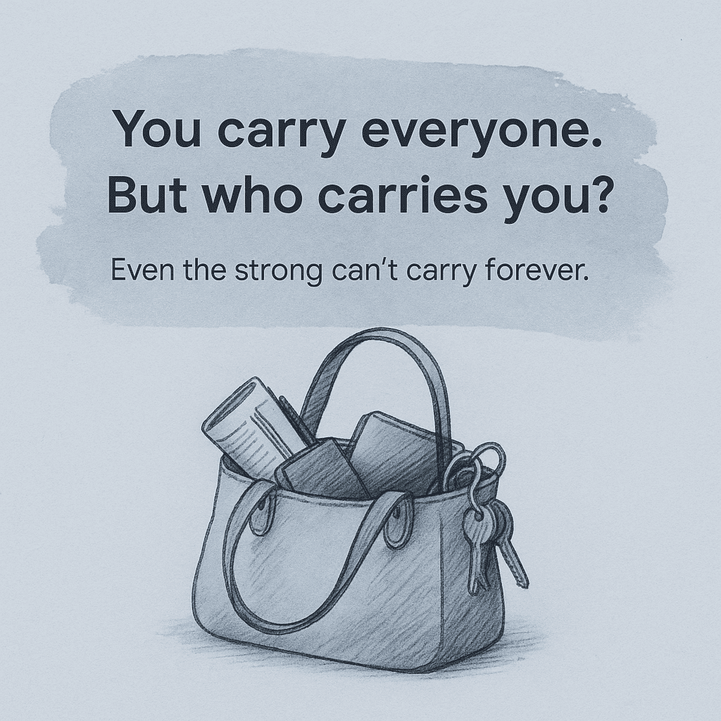 “Hand-drawn image of an overflowing handbag on a soft grey-blue background with the message: You carry everyone. But who carries you? Even the strong can’t carry forever.”