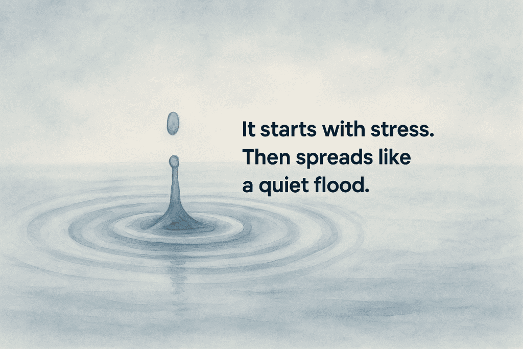 A single blue droplet falls into water, creating expanding rings, with the overlay text: “It starts with stress. Then spreads like a quiet flood.”