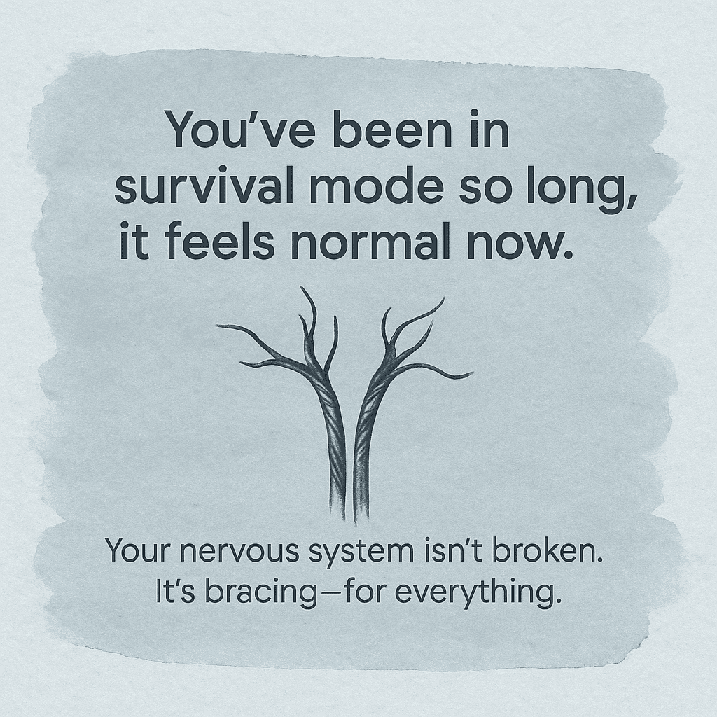 “Frayed electrical wires on a muted blue-grey watercolor background. The text reads: You’ve been in survival mode so long, it feels normal now. Your nervous system isn’t broken. It’s bracing—for everything.”