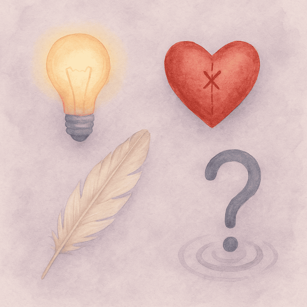Watercolor illustration featuring a glowing lightbulb, a stitched red heart, a soft white feather, and a rippling question mark—symbolizing the emotional weight and clarity process behind exhaustion, stress, and burnout in high-capacity women navigating mental load, decision fatigue, emotional labor, overfunctioning, and sensory overwhelm.