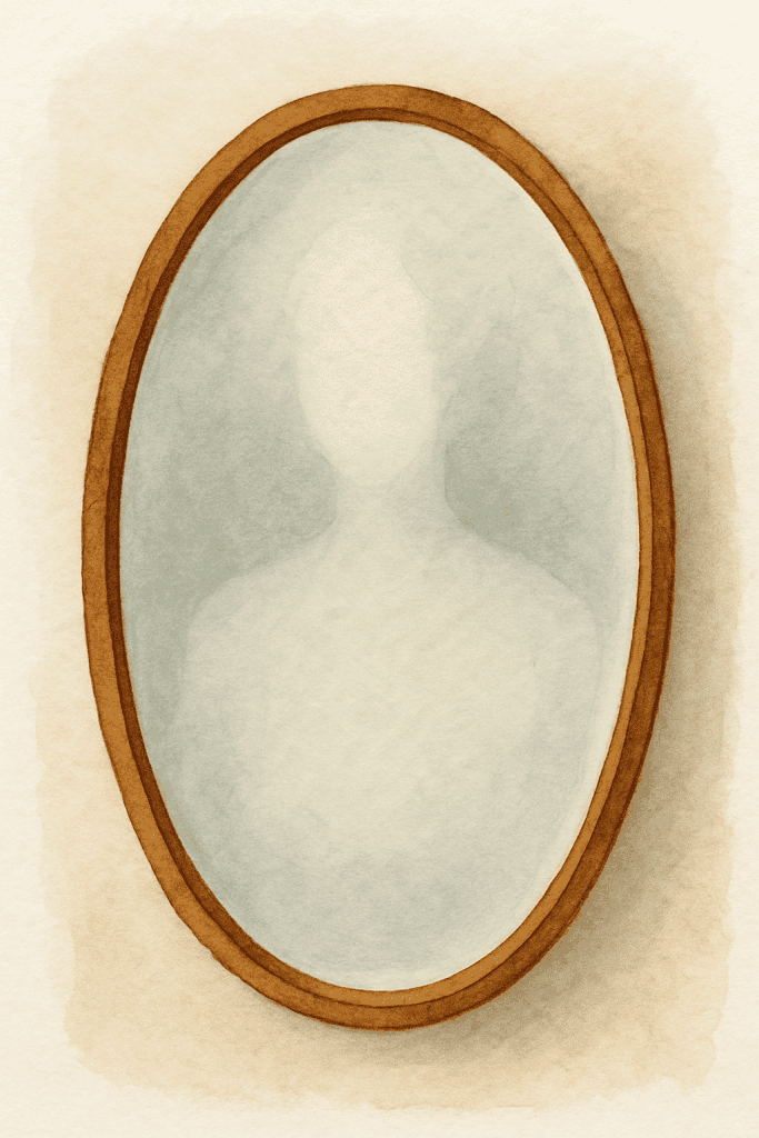 Watercolor illustration of an oval mirror with a faint, featureless reflection on a soft beige wall.