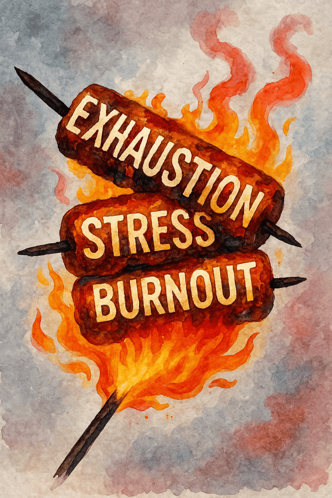 Watercolor painting of a symbolic skewer piercing the words “Exhaustion,” “Stress,” and “Burnout,” roasting over abstract red-orange flames; bold, vibrant colors bleed into each other on a textured background.